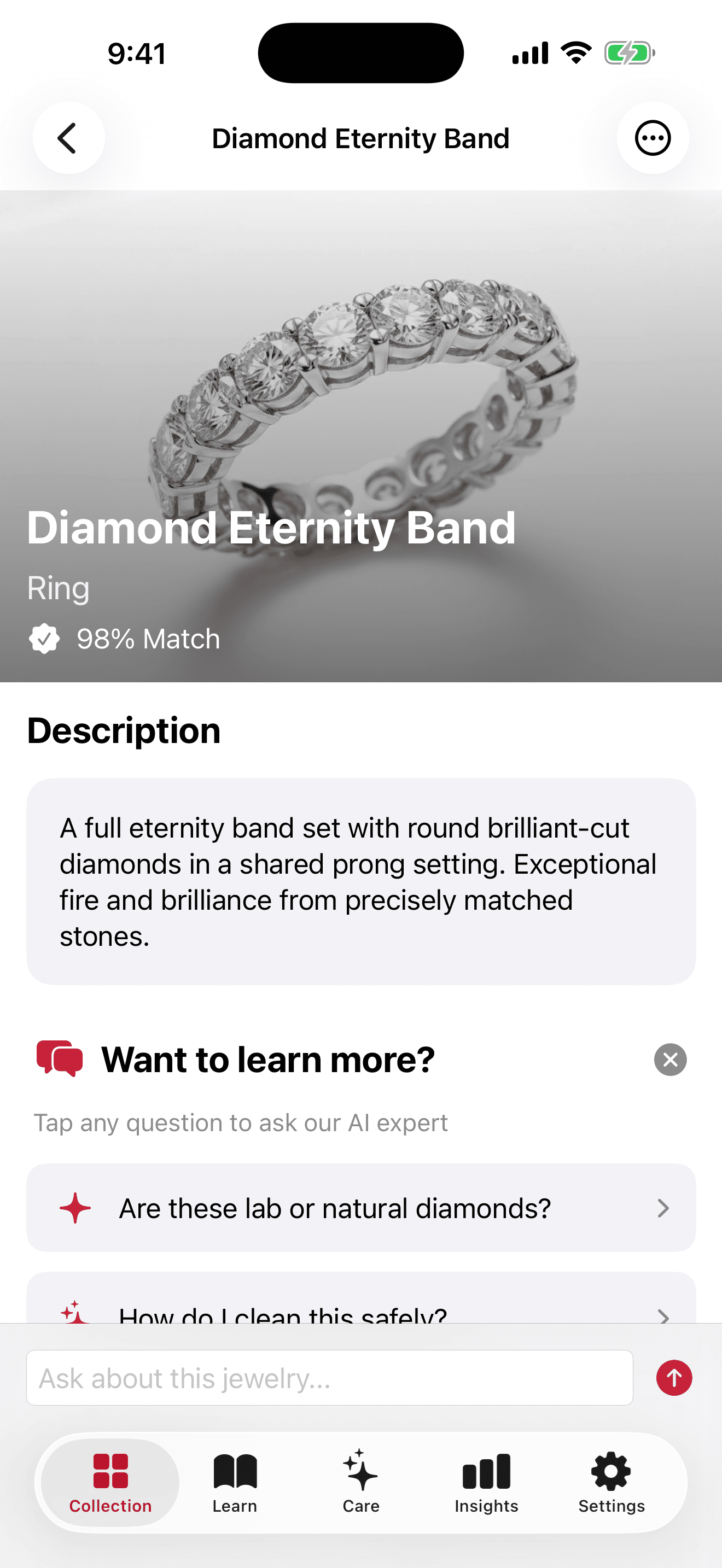 Jewelry Identifier app — Diamond Eternity Band detail with 98% match